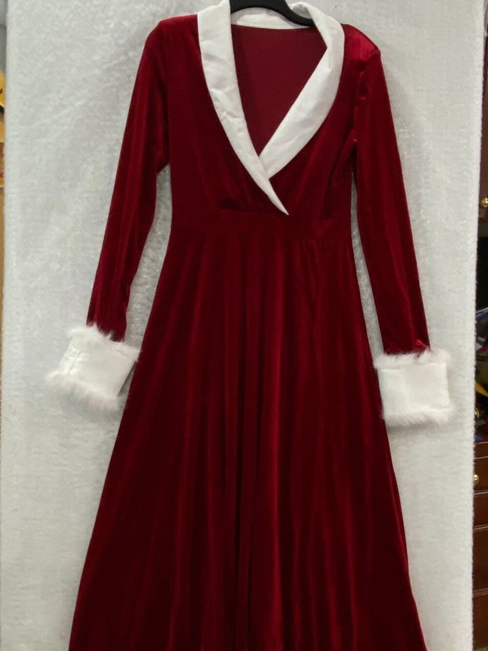 Woman's Christmas Festive Red Velvet Maxi Dress White Crossover Collar Fur Cuff